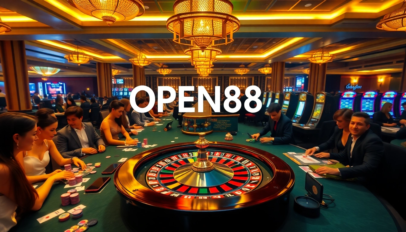 Players engaging in high-stakes gambling at OPEN88's luxurious casino tables.