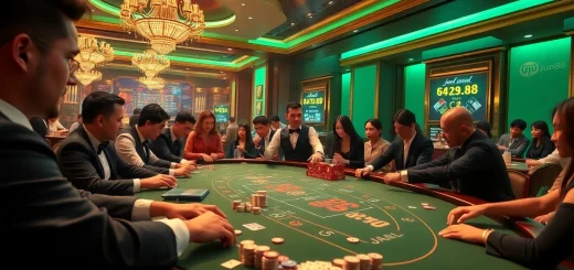 Experience the excitement of jun88 with a vibrant casino scene featuring engaged players and professional dealers.