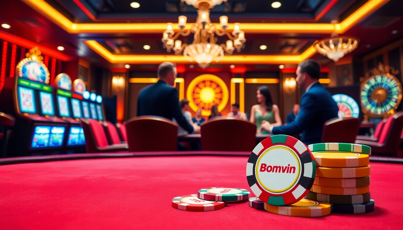 Experience the thrill of Bomwin poker with vibrant chips and engaging players in a luxurious casino.