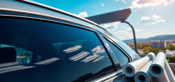 Tinting vehicle windows with best window tint Chattanooga TN in a vibrant city setting, showcasing the process.
