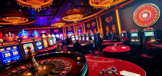 A lively casino scene at 789win featuring players at roulette and slots, immersing in the excitement of gambling.