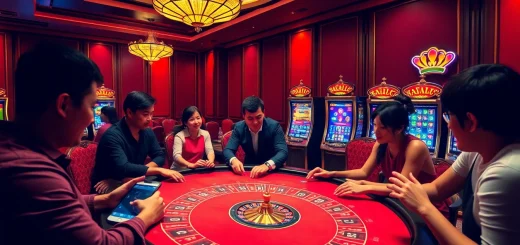 Experience Raja Luck excitement at a luxurious casino table filled with players and vibrant slot machines.