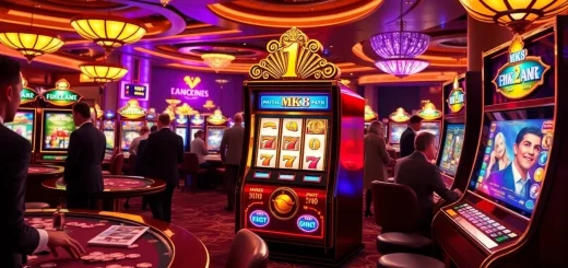 Engaged players at an mk8 slot machine in a luxury casino environment.
