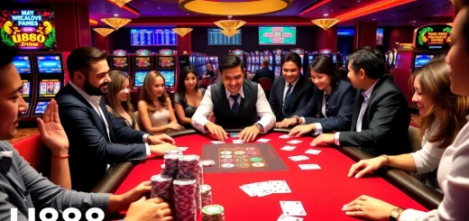 Players enjoying an exciting poker game at U888 casino with vibrant chips and cards.