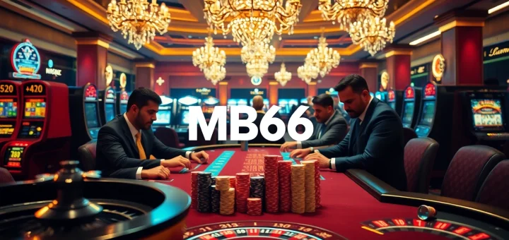 Players strategize at the MB66 poker table, surrounded by a glamorous casino atmosphere.