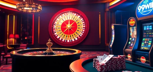 Experience the excitement of a luxurious casino environment featuring 99WIN elements, vibrant poker chips, and slot machines.