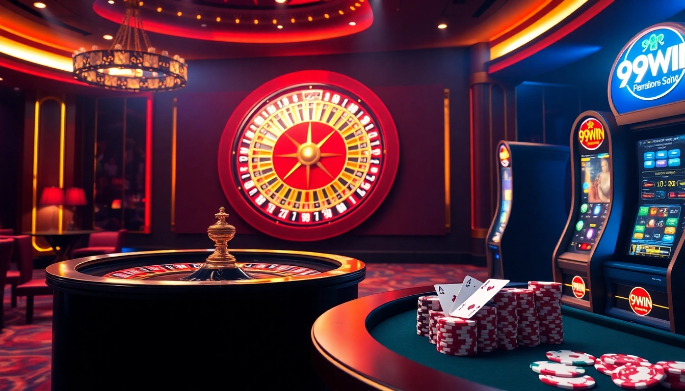Experience the excitement of a luxurious casino environment featuring 99WIN elements, vibrant poker chips, and slot machines.