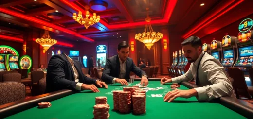 Players engaging in high-stakes poker at a casino featuring OK9-themed decorations.