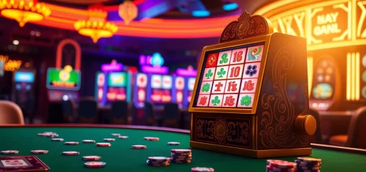 Permainan slot mahjong yang menarik menampilkan mesin slot berwarna-warni dalam suasana kasino yang elegan.