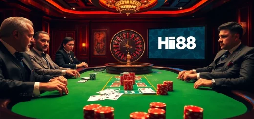 Engaging gamblers at Hi88 casino table with chips and cards in a luxurious setting.