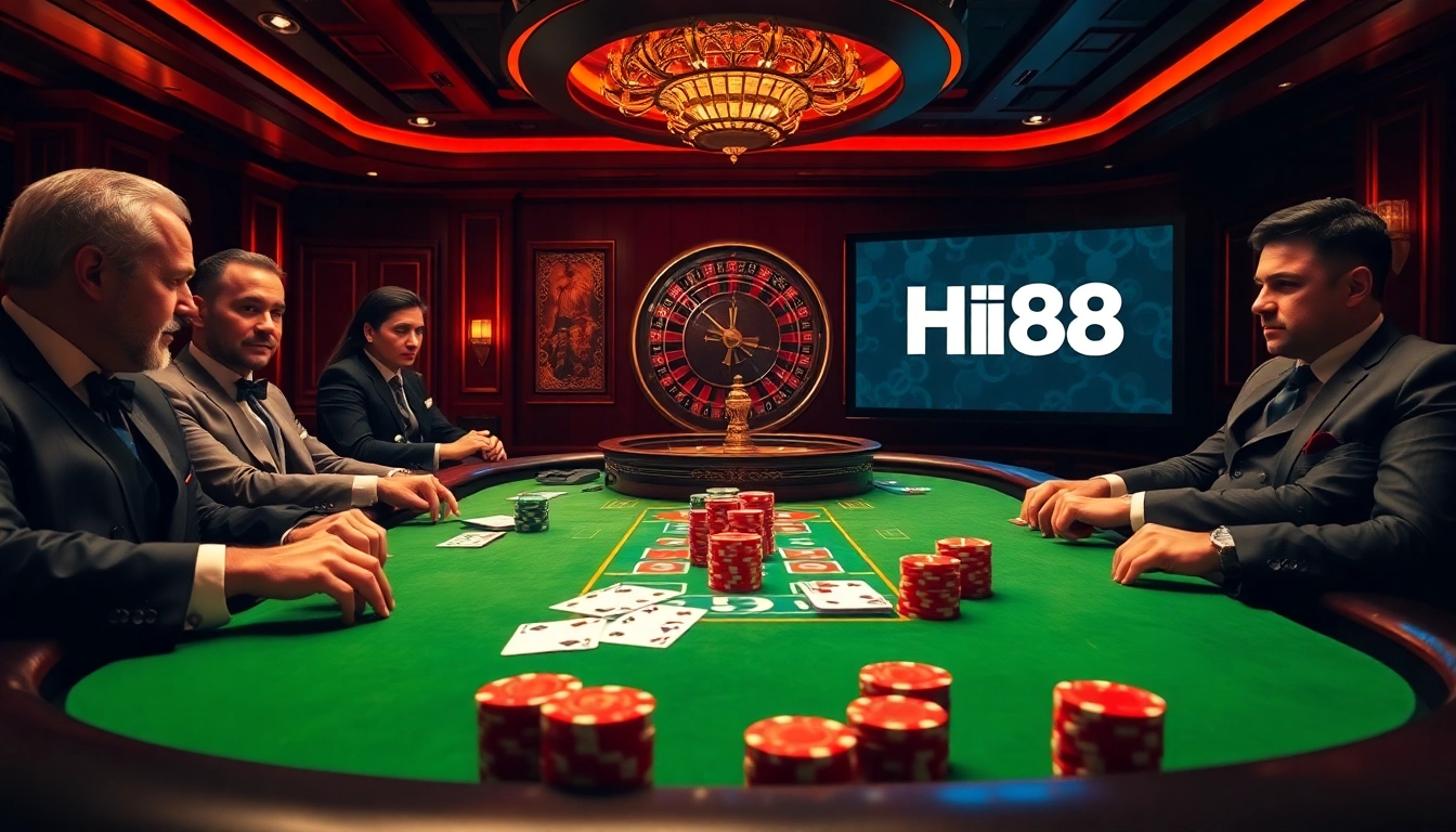 Engaging gamblers at Hi88 casino table with chips and cards in a luxurious setting.