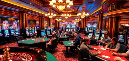 Excited players enjoying various games at เว็บตรง bk8 casino, featuring vibrant slot machines and poker tables.