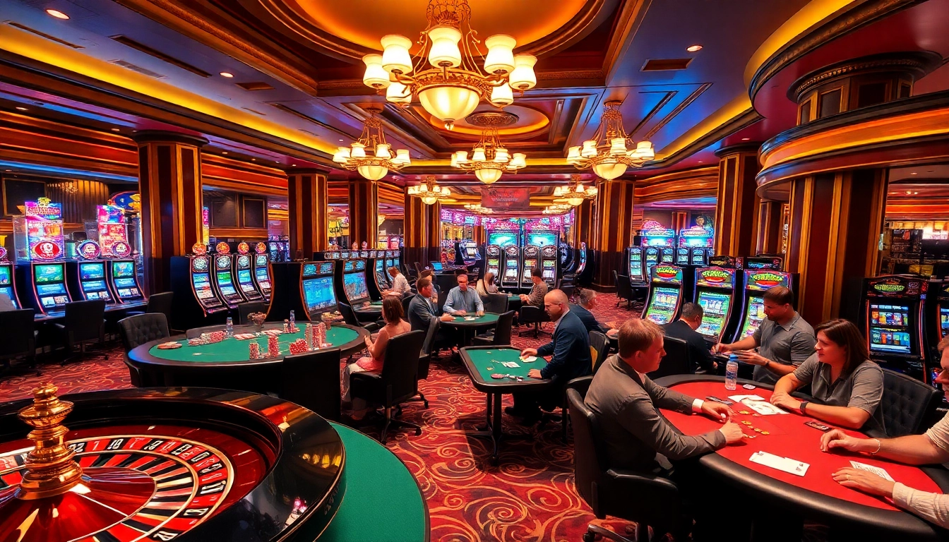Excited players enjoying various games at เว็บตรง bk8 casino, featuring vibrant slot machines and poker tables.