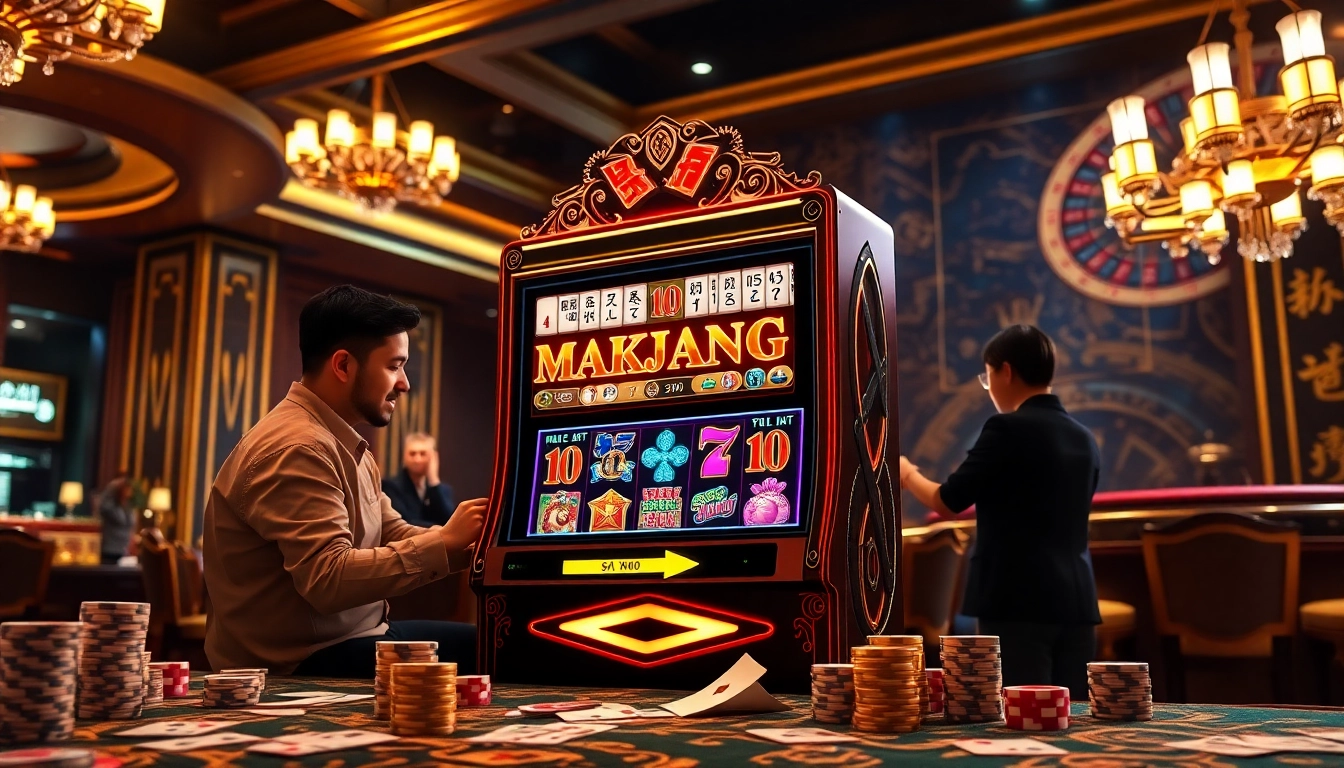 Enjoying the demo slot mahjong experience at a lively casino, filled with excitement.