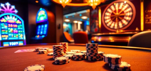 Exciting gambling scene at https://8xxcom.app/ showcasing poker chips and a vibrant casino atmosphere.