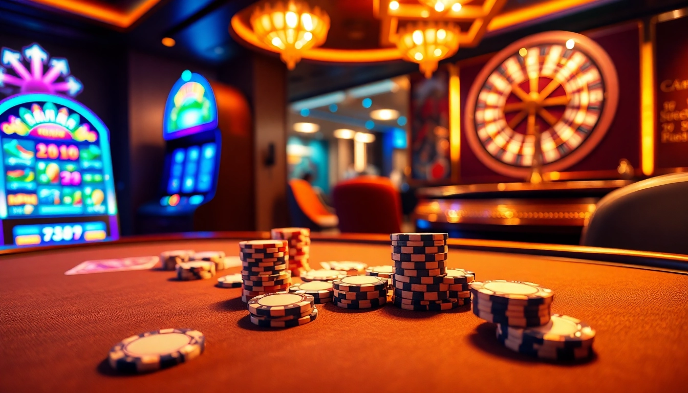 Exciting gambling scene at https://8xxcom.app/ showcasing poker chips and a vibrant casino atmosphere.