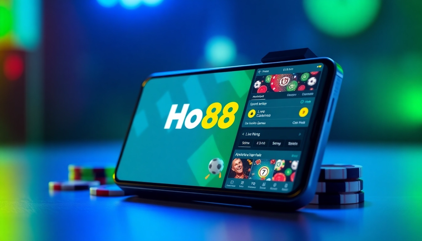 Ho88 app interface showcasing sports betting and live casino features in a vibrant design