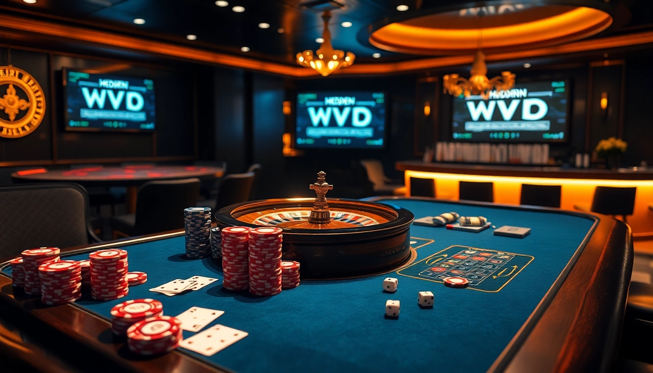 Engaging hidden wiki-themed visual of a vibrant dark web casino setting with poker tables and roulette wheels.