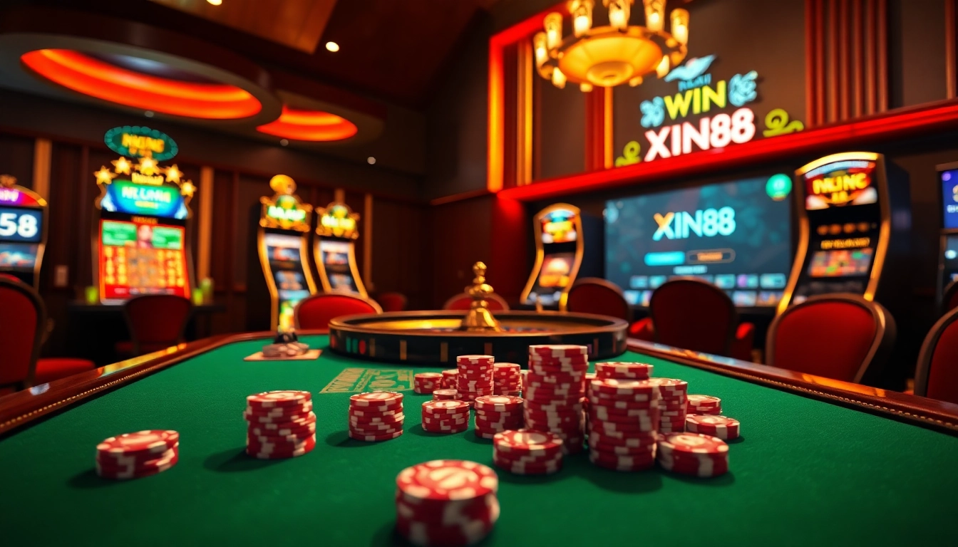 Experience the excitement of Nhà Cái XIN88 with a vibrant casino scene featuring thrilling games and elegant design.