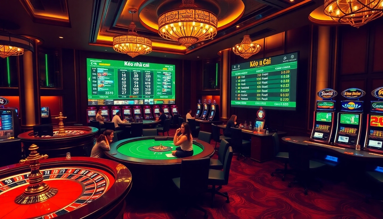 Engaging kèo nhà cái betting scene showcasing poker tables, roulette wheels, and live odds.