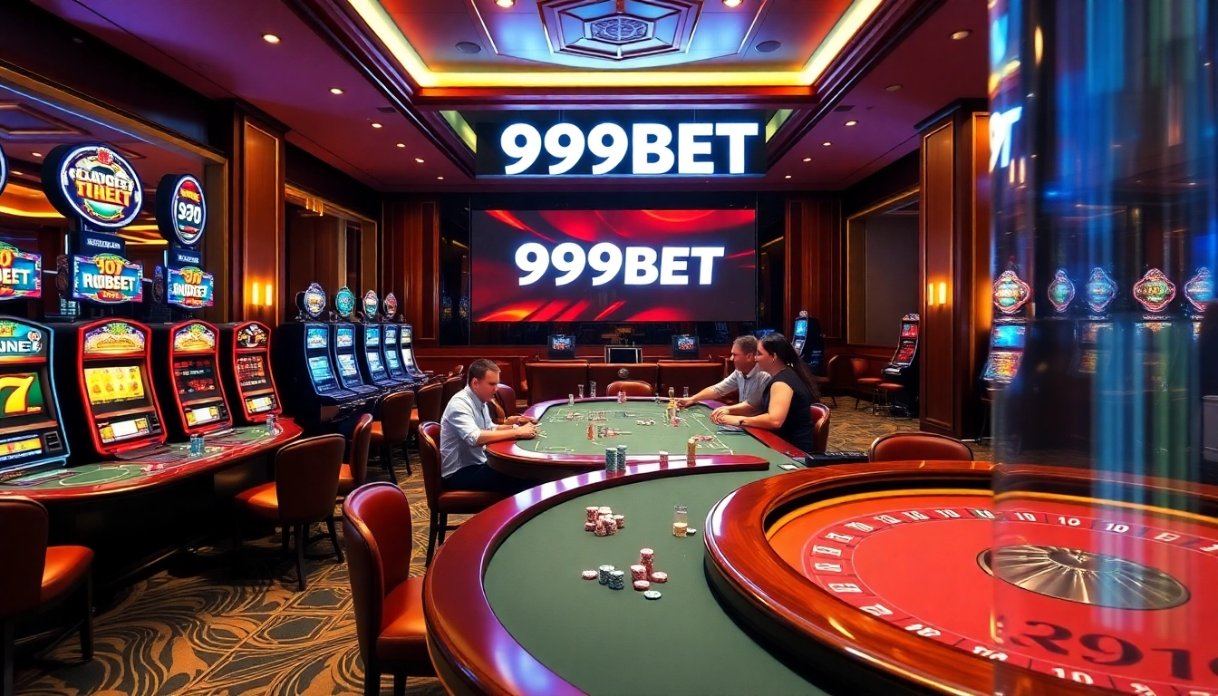 Players enjoying diverse games at 999BET casino, showcasing vibrant poker tables and slot machines.