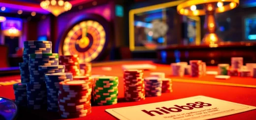 Experience the excitement of hb88 at a luxurious casino with vibrant poker tables and dynamic lighting.