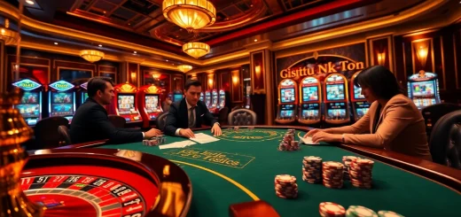 Situs toto gaming experience with a luxurious poker table, vibrant roulette wheel, and illuminated slot machines.