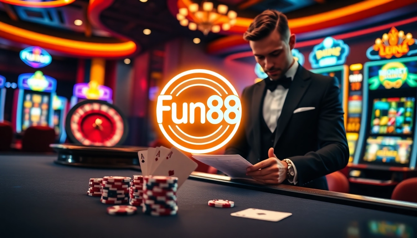 Exciting casino atmosphere illustrating Fun88 gaming with vibrant tables and slot machines.