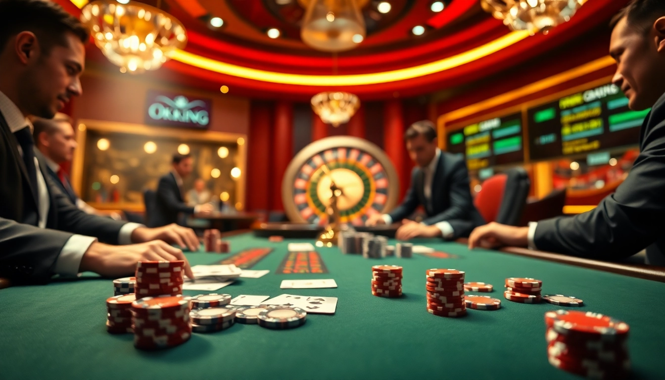 Exciting poker action at a casino table with Okking branding, chips, and cards displayed.