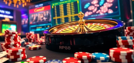 RR88 casino scene showcasing an exciting roulette game with vibrant poker chips and cards.