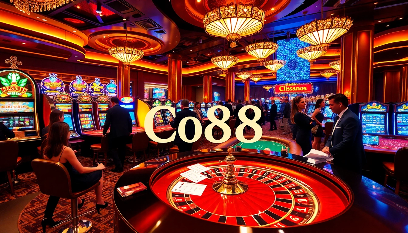 Excited players enjoying a high-stakes game at Co88 casino with vibrant tables and colorful slots.
