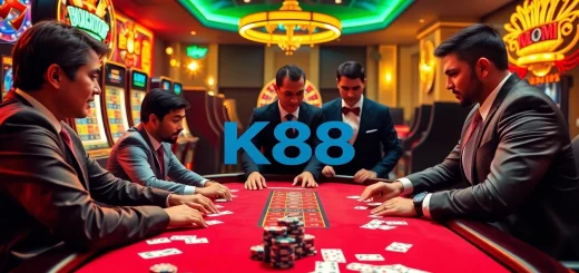 K88 casino players engage in an exciting poker game at a luxurious table.