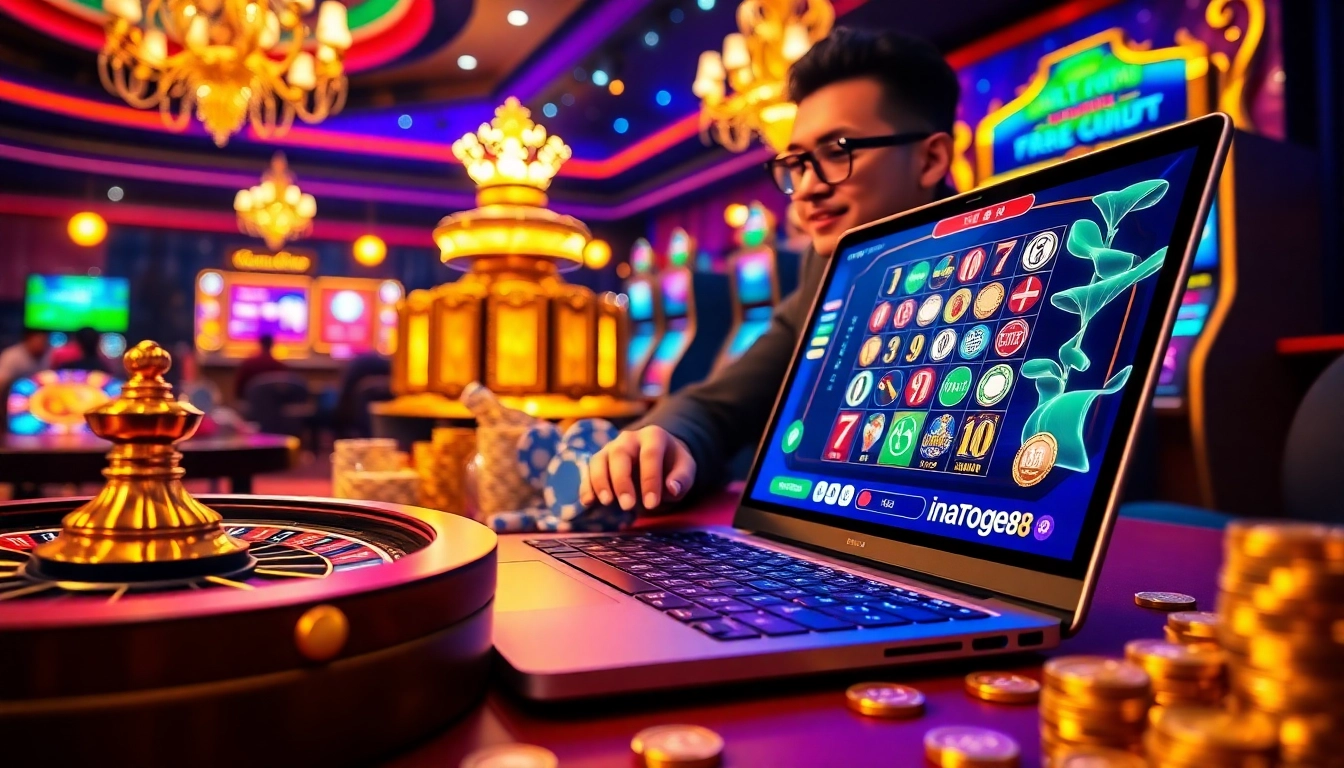 Experience thrilling gameplay with inatogel88, showcasing vibrant online gambling elements like poker chips and a roulette wheel.