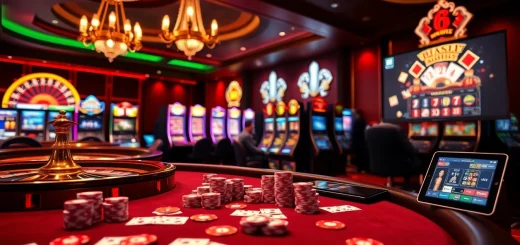 Players enjoying the 68 game bài at a vibrant casino table full of chips and cards.