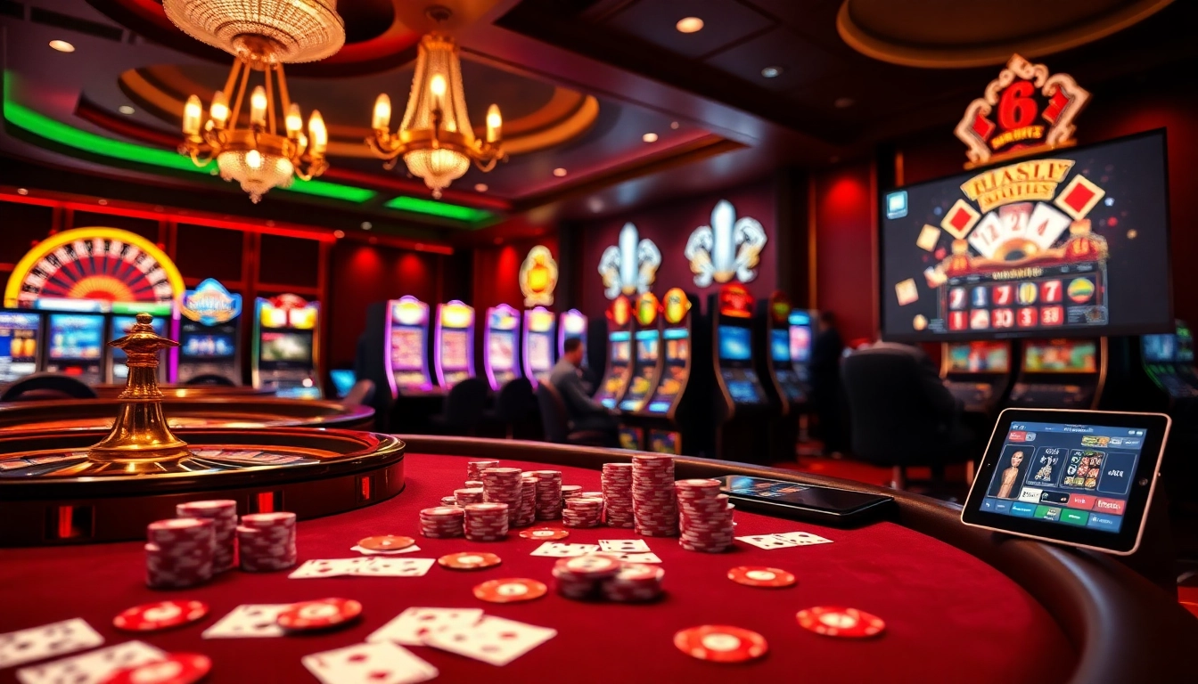 Players enjoying the 68 game bài at a vibrant casino table full of chips and cards.