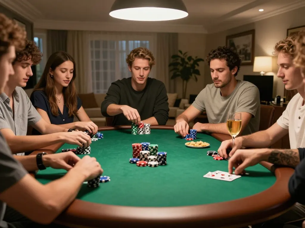 Friends enjoying a friendly poker game at home with 777VIP ambiance and vibrant chips.