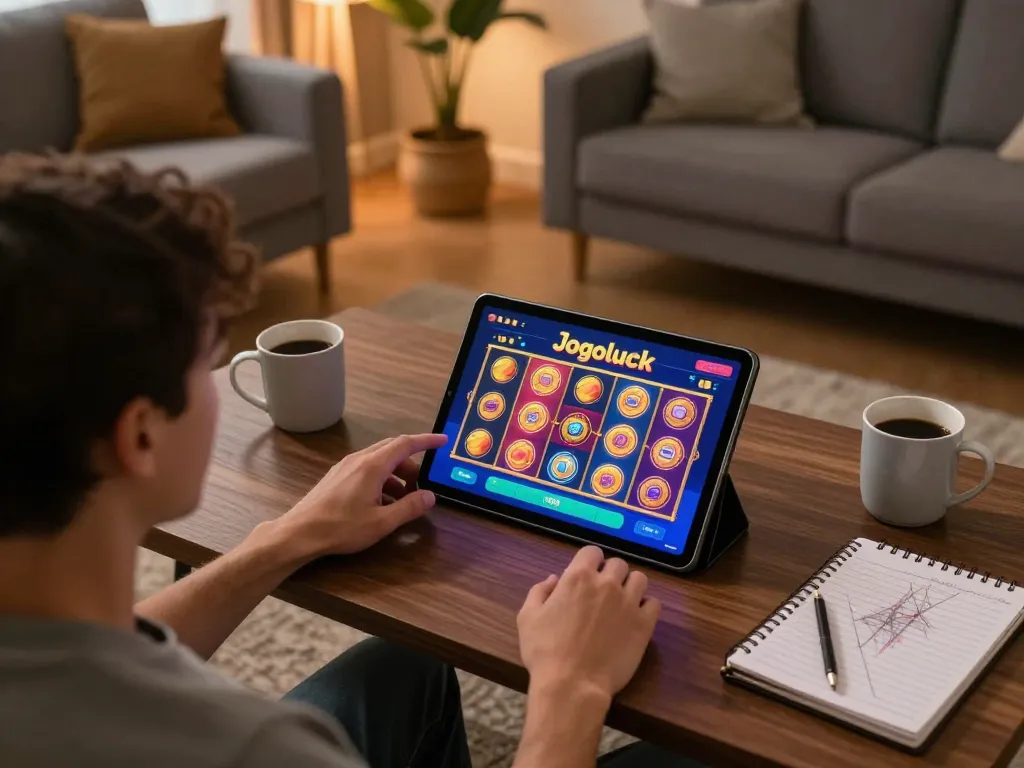 Engaged player using the Jogoluck app in a cozy home setting with a focus on online gaming strategy.