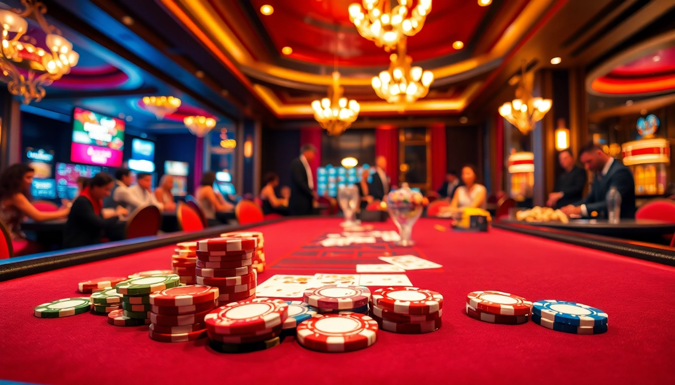 Players enjoying a thrilling game at the 18vip casino table with vibrant poker chips and cards.