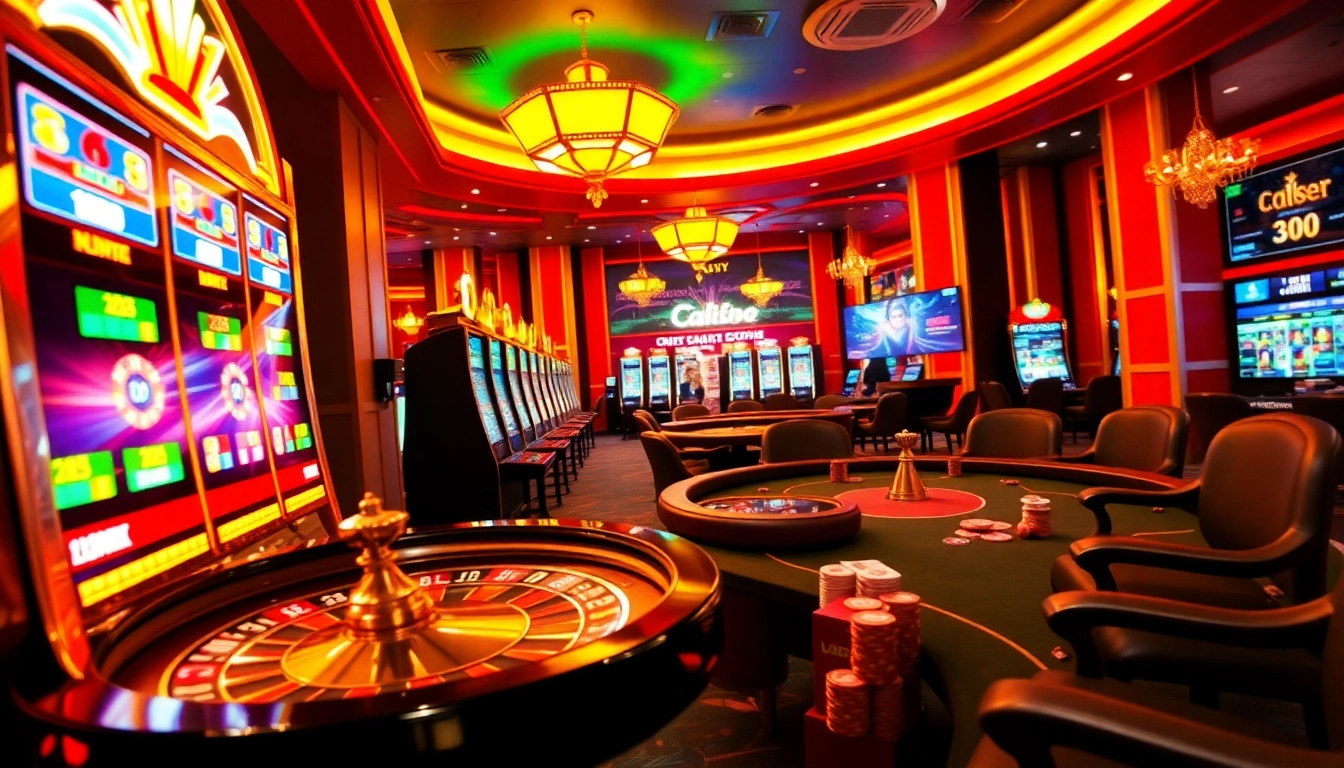 Experience the thrill of online gaming at cuci100 with a vibrant casino scene featuring slot machines and poker tables.