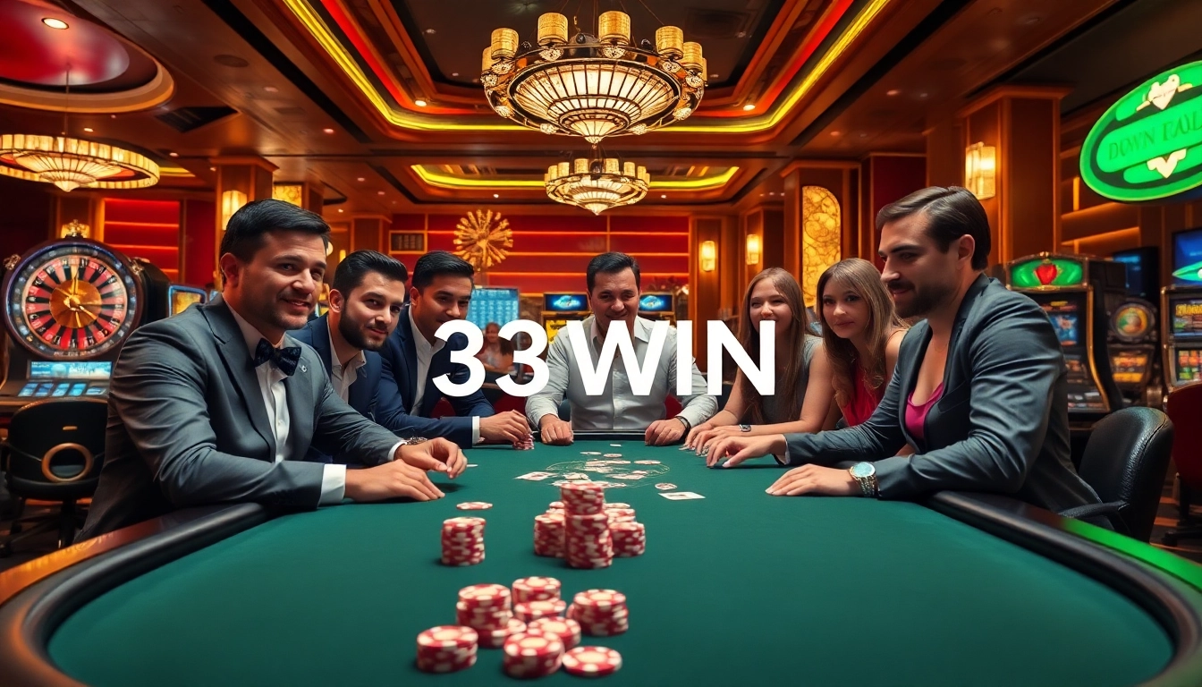 Experience the thrill of poker with 33WIN at a luxurious casino table setup filled with vibrant chips and cards.