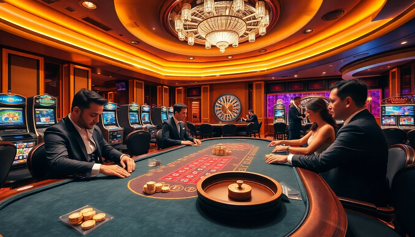 S8 casino experience with players at a poker table, enjoying high-stakes action and vibrant slot machines.