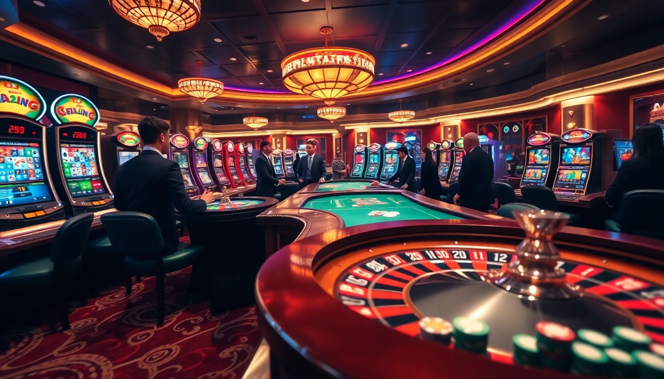 Experience gaming excitement at Goal123 with vibrant casino tables, slot machines, and roulette wheels.