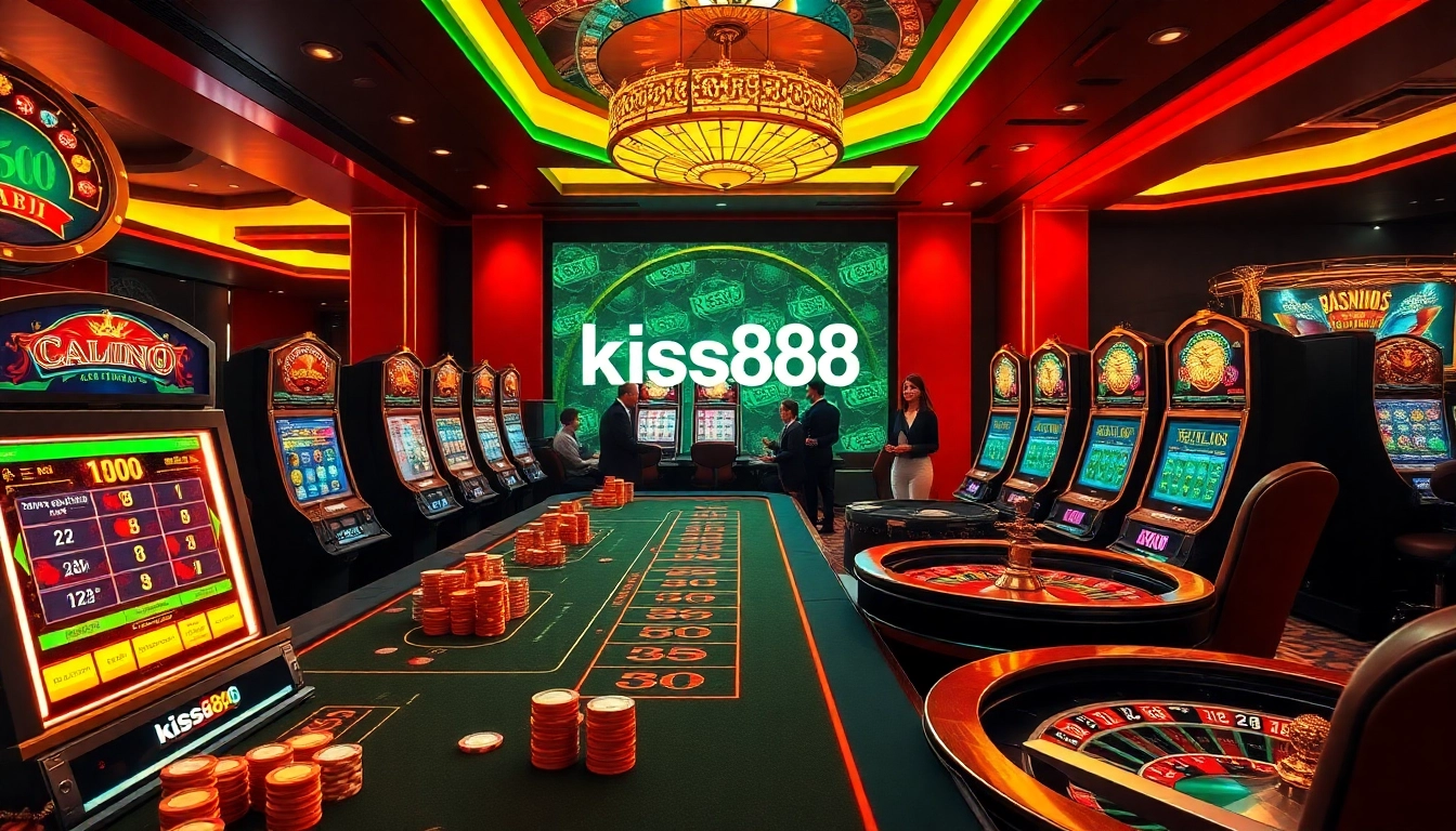 Players enjoying the thrilling online gaming experience at kiss888 casino, featuring vibrant slot machines and engaging table games.