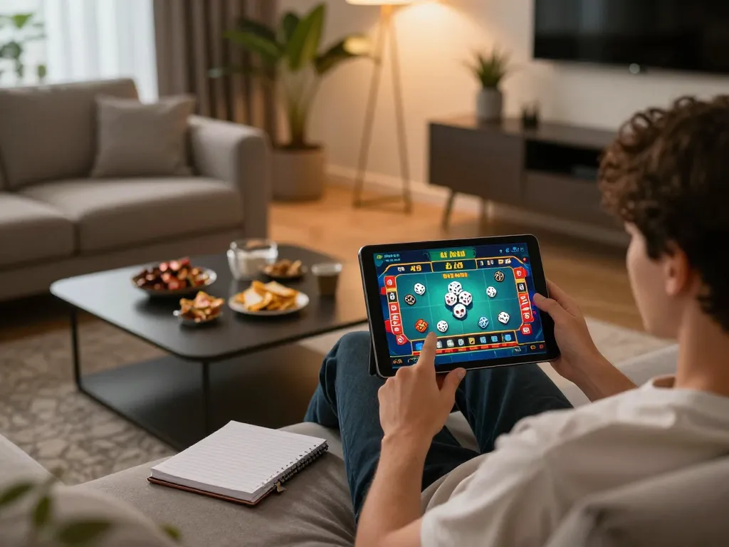 Engaging scene of player enjoying tài xỉu online game on tablet comfortably at home.