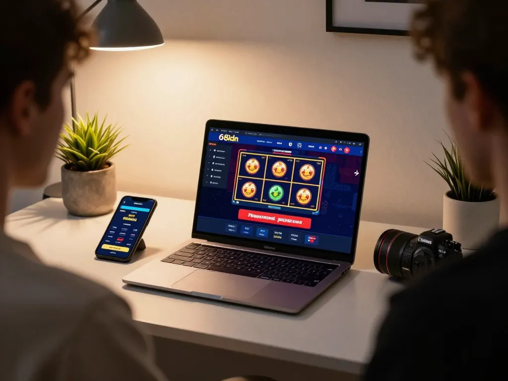 Orang yang terlibat dalam permainan kasino online di 68idn, menunjukkan antarmuka laptop dengan slot berwarna-warni