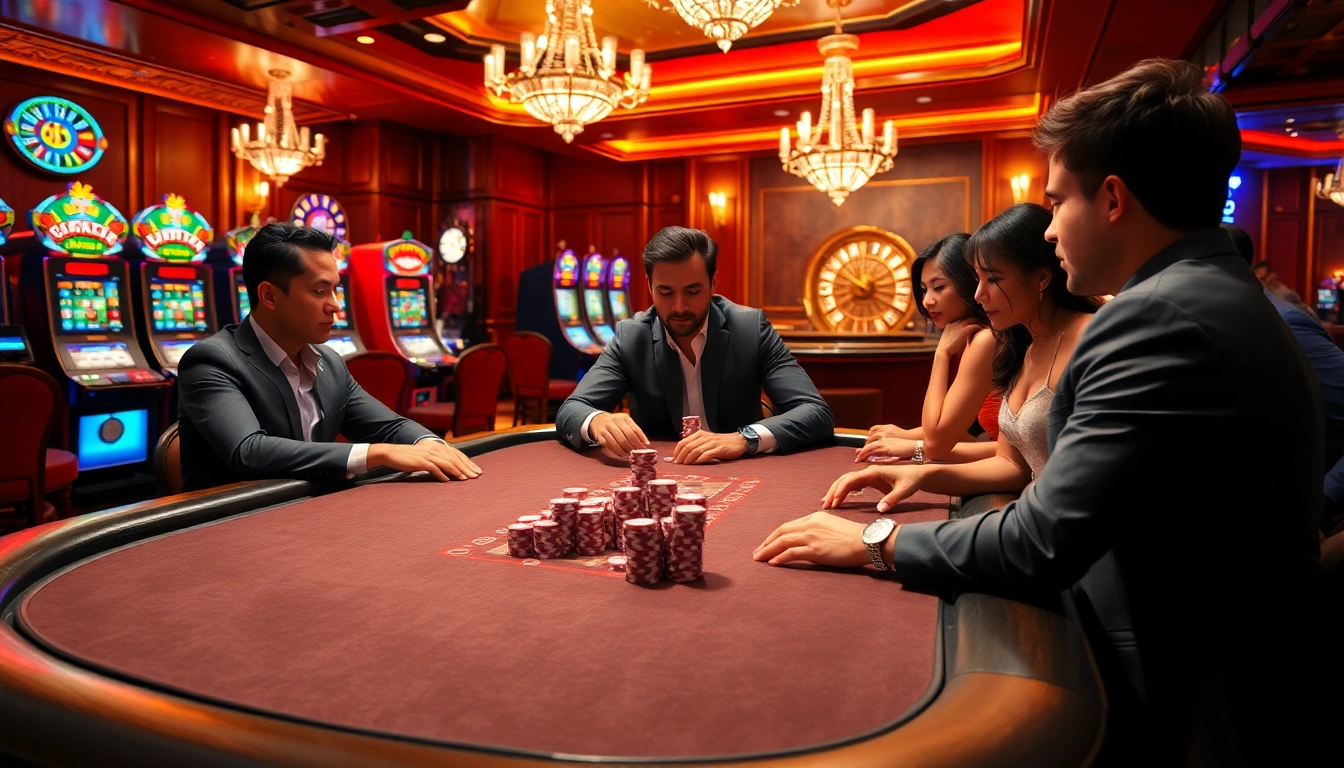 Players engaging in high-stakes poker at a glamorous casino, emphasizing 33win68 excitement.
