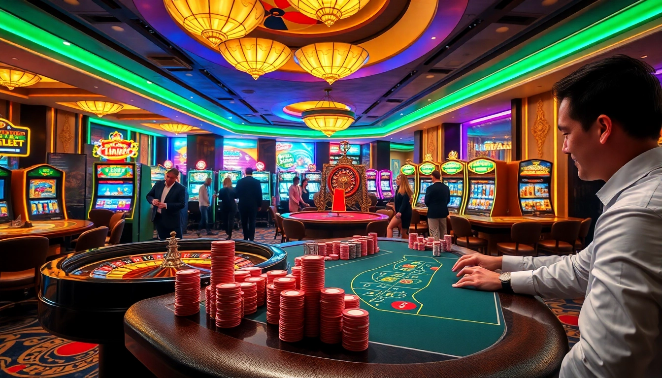 Excited players at hello88 poker table with vibrant casino atmosphere and roulette wheel in background.