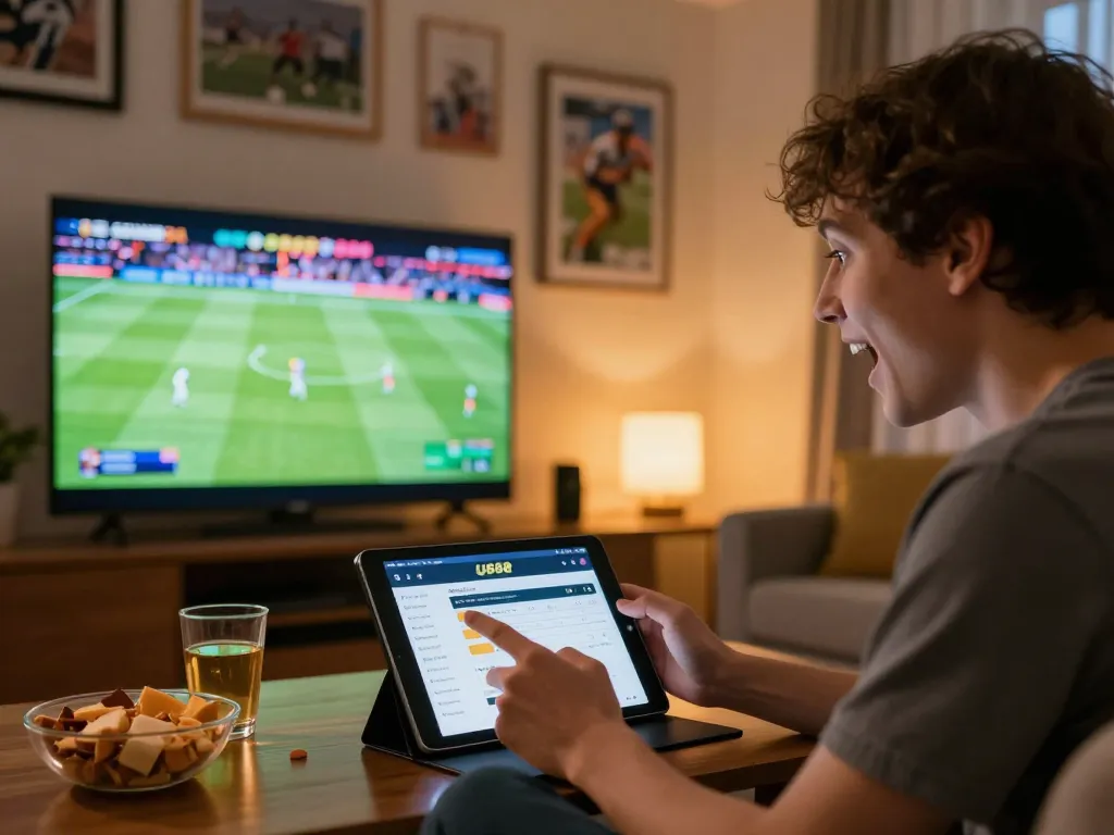 Person placing bets on U888 sports app while watching a live match at home, capturing excitement and focus.