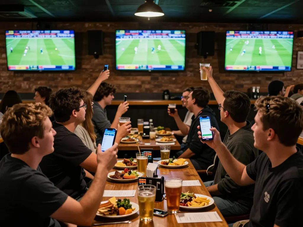 Patrons enjoying kèo nhà cái during a live football match at a bustling sports bar.