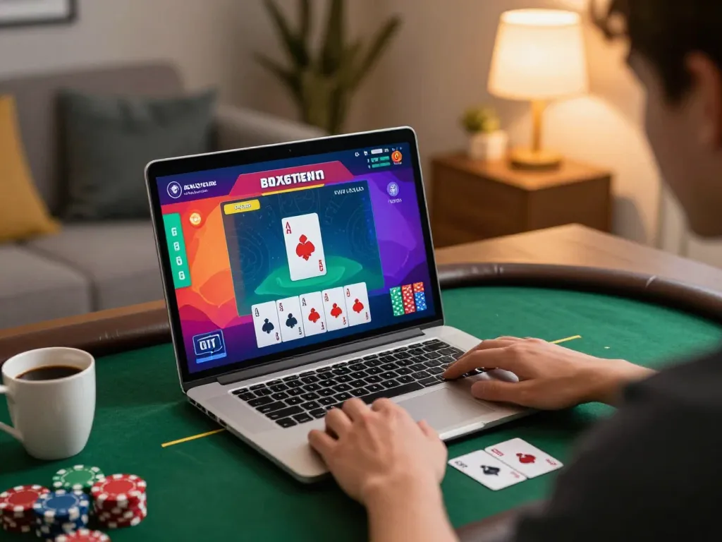 Person playing FC88 online poker game, focusing on strategy in a cozy home setup.